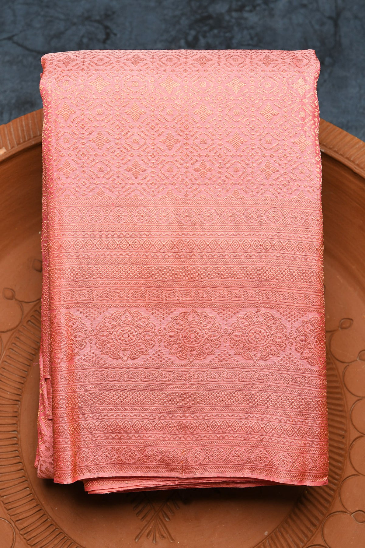 Big Copper Zari Border In Brocade Baby Pink Kanchipuram Silk Saree