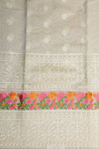 Big Embroidered Border With Floral Buttis Cream Color Semi Banaras Saree