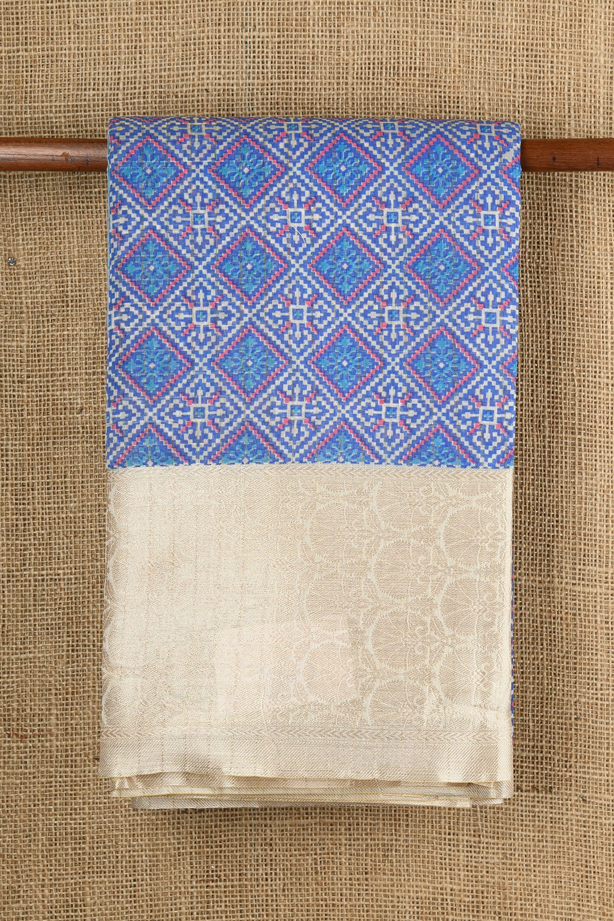 Big Floral Zari Border With Geometric Pattern Cerulean Blue Semi Kota Cotton Saree