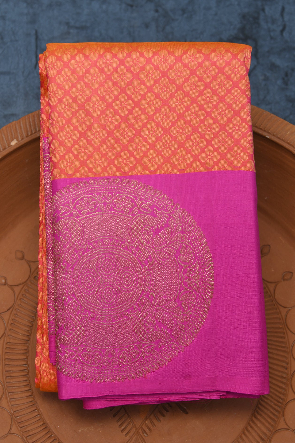 Big Mandala Design Border In Jacquard Orange Kanchipuram Silk Saree