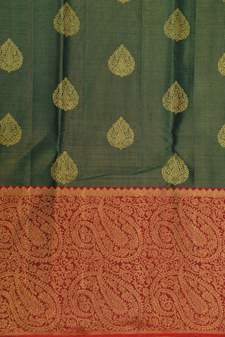 Big Paisley Border With Leaf Design Butta Green Kanchipuram Silk Saree