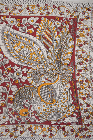 Big Paisley Motifs Red Printed Kalamkari Cotton Saree