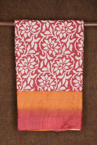Big Plain Border With Floral Digital Printed Blush Red Tussar Silk Saree