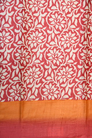 Big Plain Border With Floral Digital Printed Blush Red Tussar Silk Saree