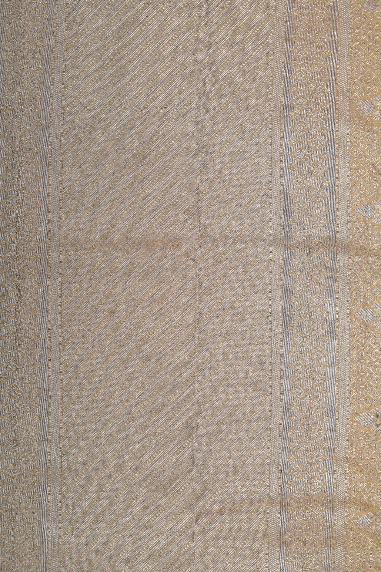 Big Silver Zari Border With Brocade Bindi Buttis Dusty Yellow Kanchipuram Silk Saree