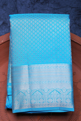 Big Silver Zari Border With Brocade Bindi Buttis Sky Blue Kanchipuram Silk Saree