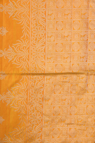 Big Silver Zari Border With Peacock Butta Yellow Soft Silk Saree