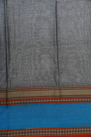 Big Thread Work Border In Plain Grey Chettinad Cotton Saree With Kalamkari Blouse
