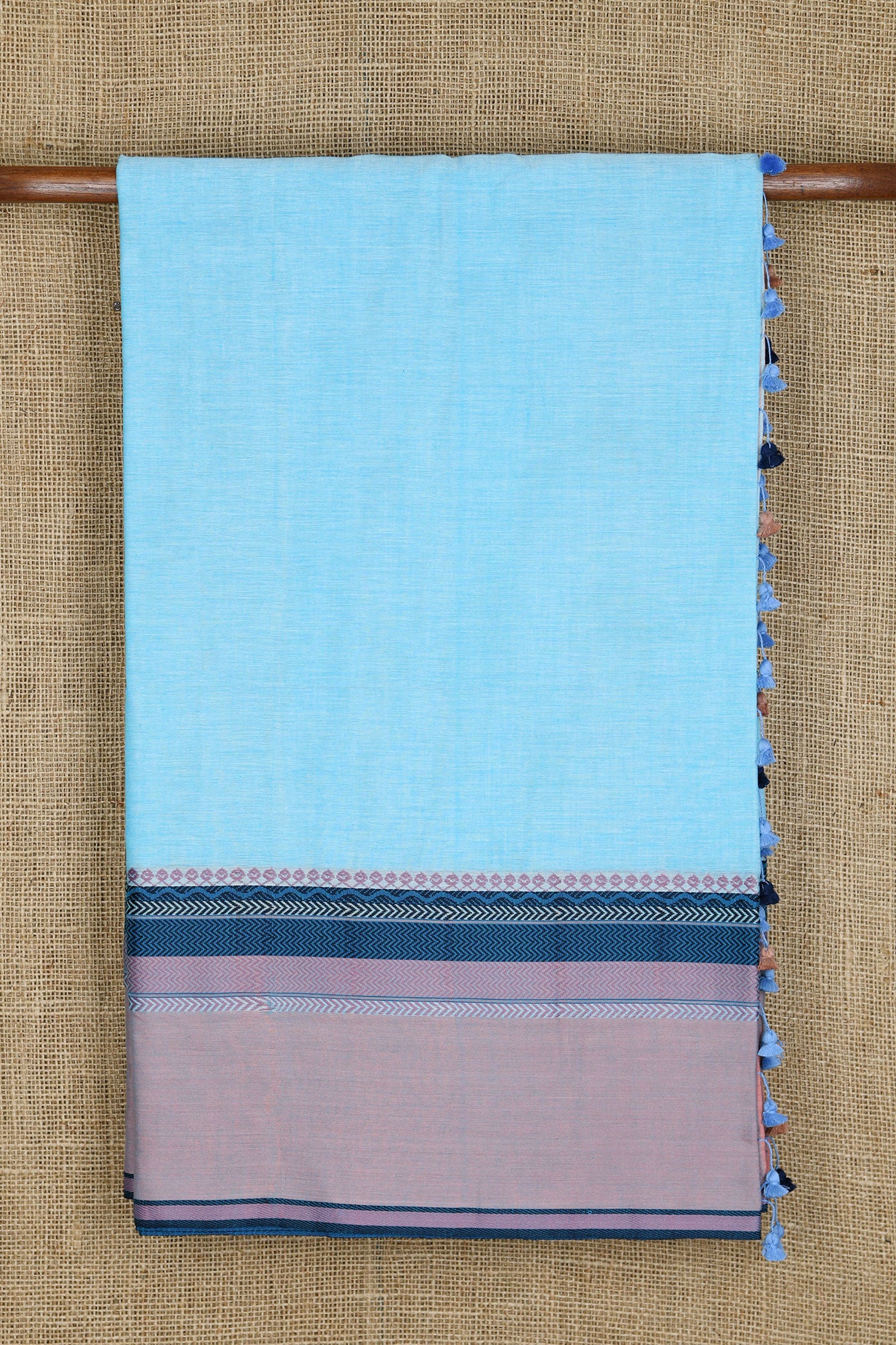 Big Thread Work Border In Plain Pastel Blue Bengal Cotton Saree