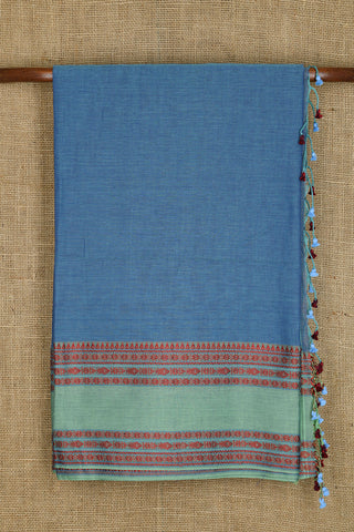 Big Thread Work Border In Plain Stone Blue Bengal Cotton Saree