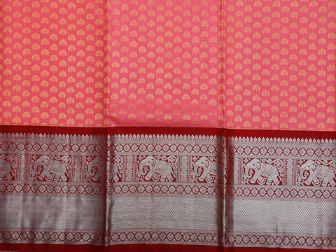 Big Zari Border In Brocade Coral Pink Kanchipuram Silk Unstitched Pavadai Sattai Material