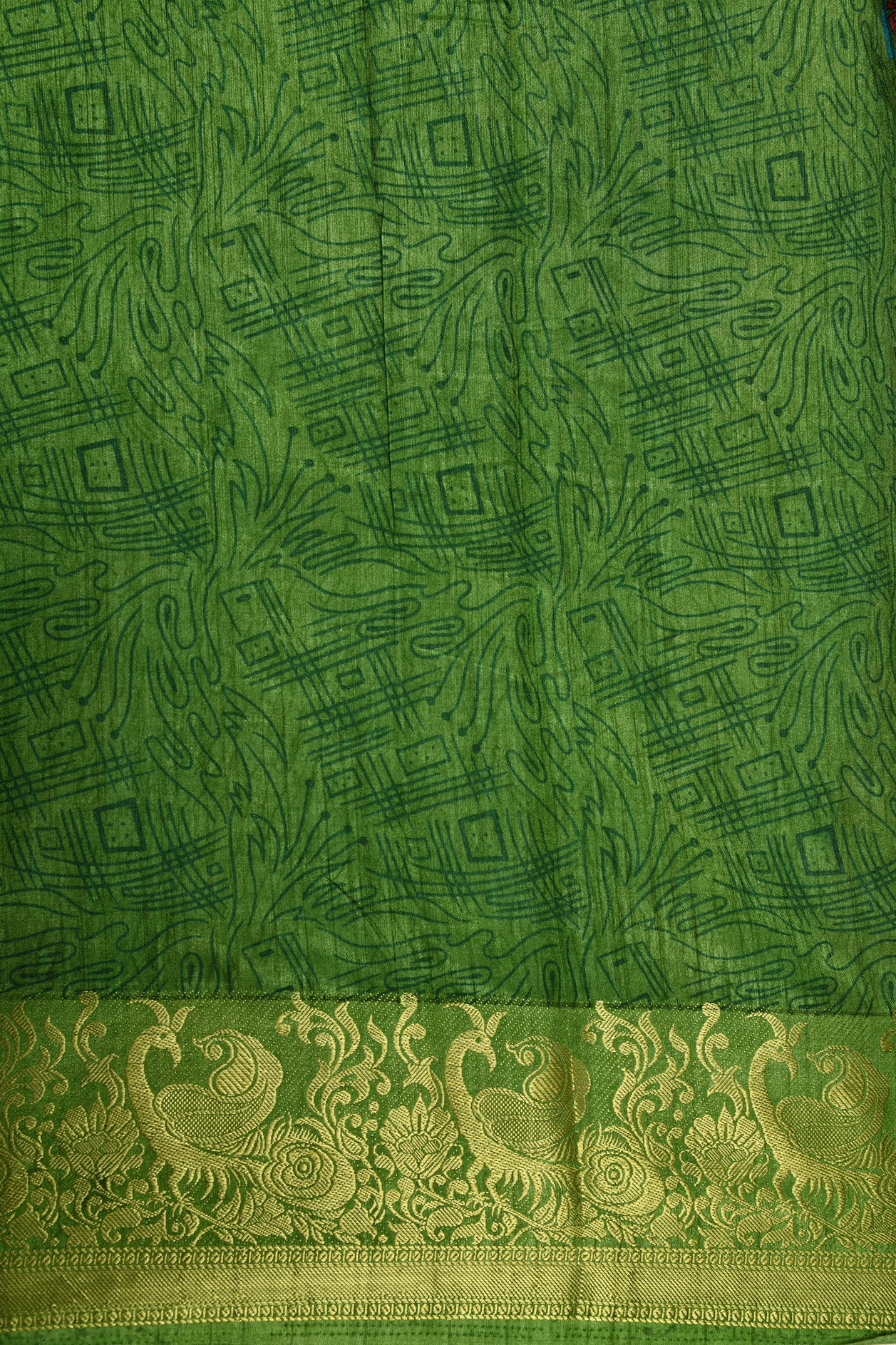 Big Zari Border With Paisley Floral Digital Printed Olive Green Semi Raw Silk Saree