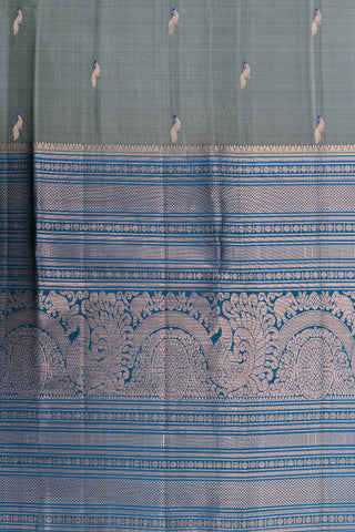 Big Zari Traditional Border With Peacock Buttas Grey Kanchipuram Silk Saree