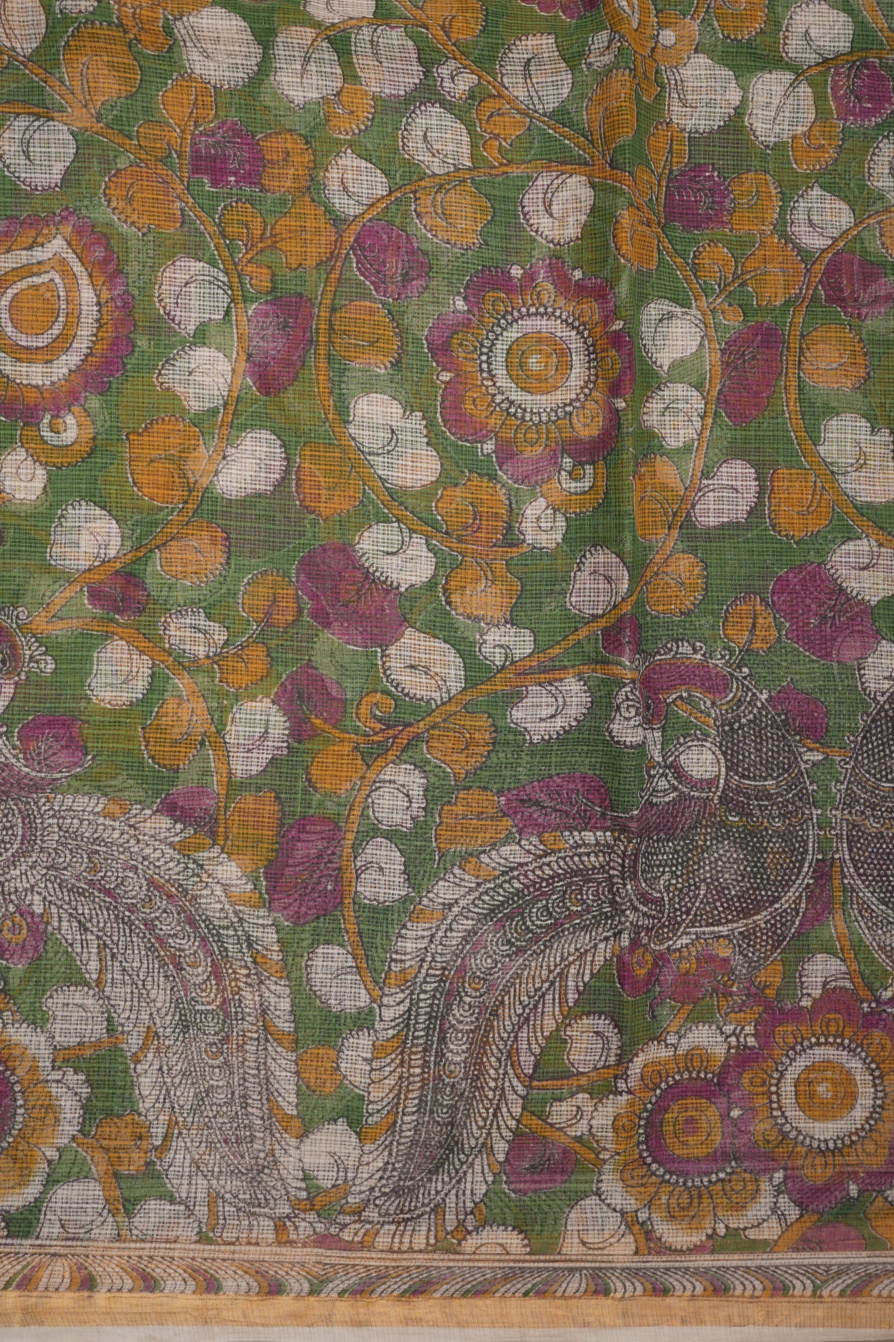Bird And Floral Pattern Green Printed Kalamkari Kota Saree