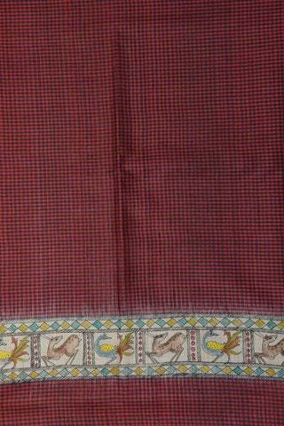Black And Red Checks With Hand Painted Tussar Saree
