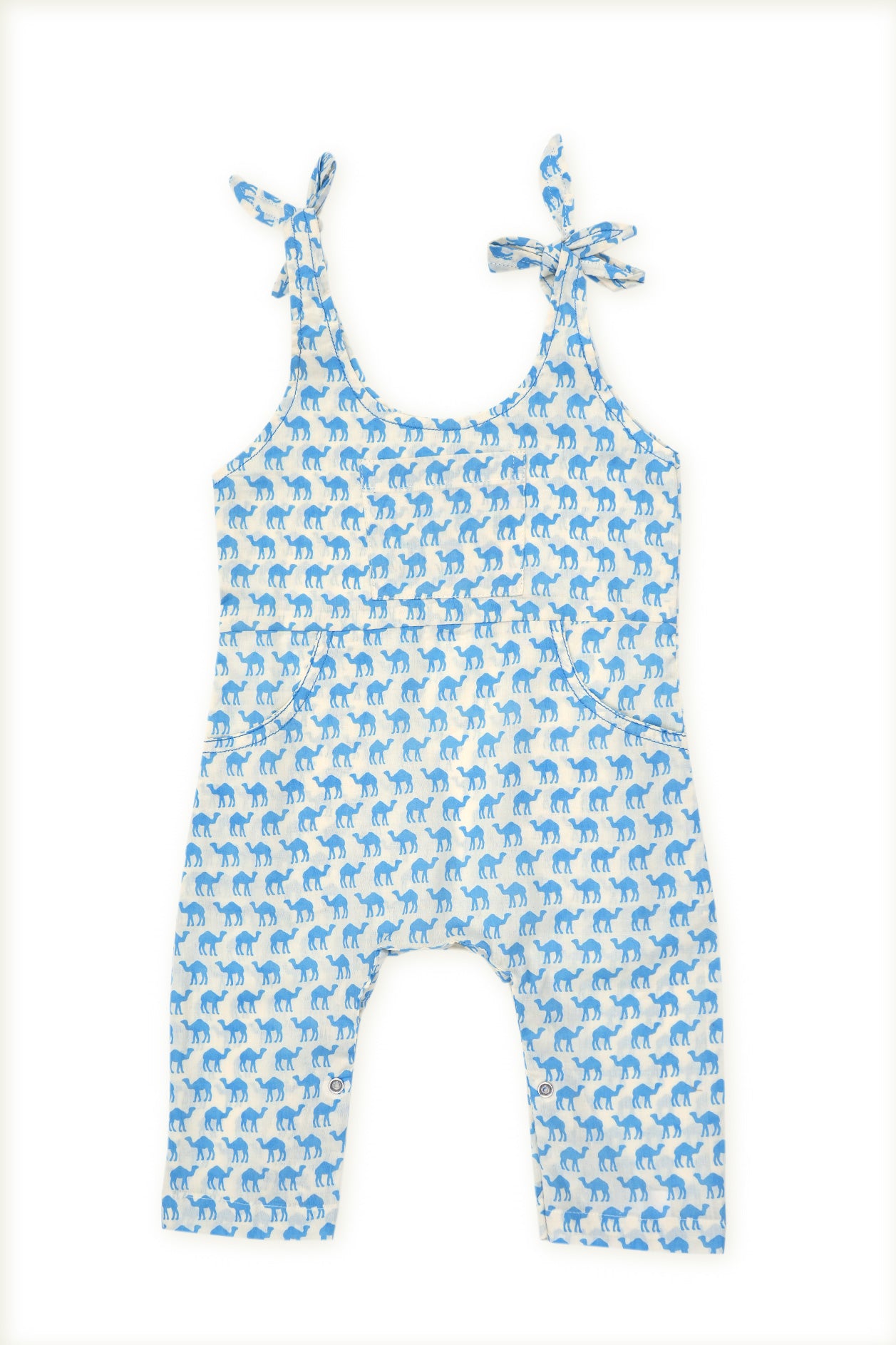 Camel Block Printed Blue And White Tie Up Cotton Jumpsuit