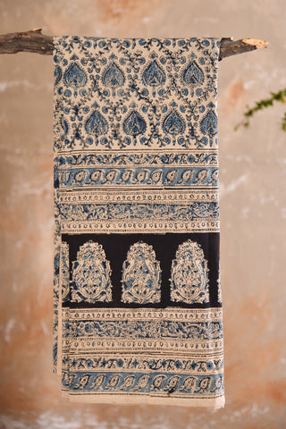 Blue Floral Kalamkari Cotton Double Bedsheet With 2 Pillow Covers