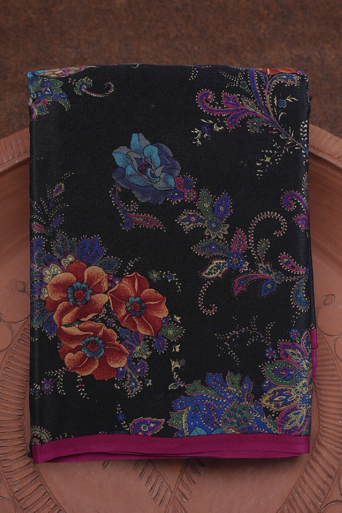 Botanical Digital Printed Black Crepe Saree