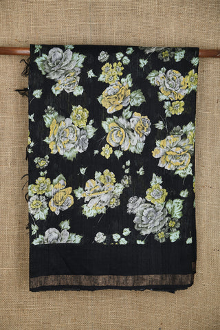 Botanical Digital Printed Black Linen Tussar Silk Saree