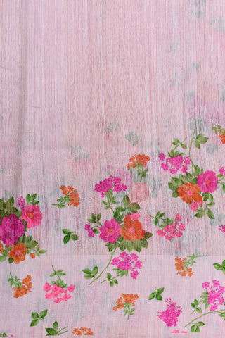Botanical Digital Printed Border In Plain Pastel Pink Linen Tussar Saree