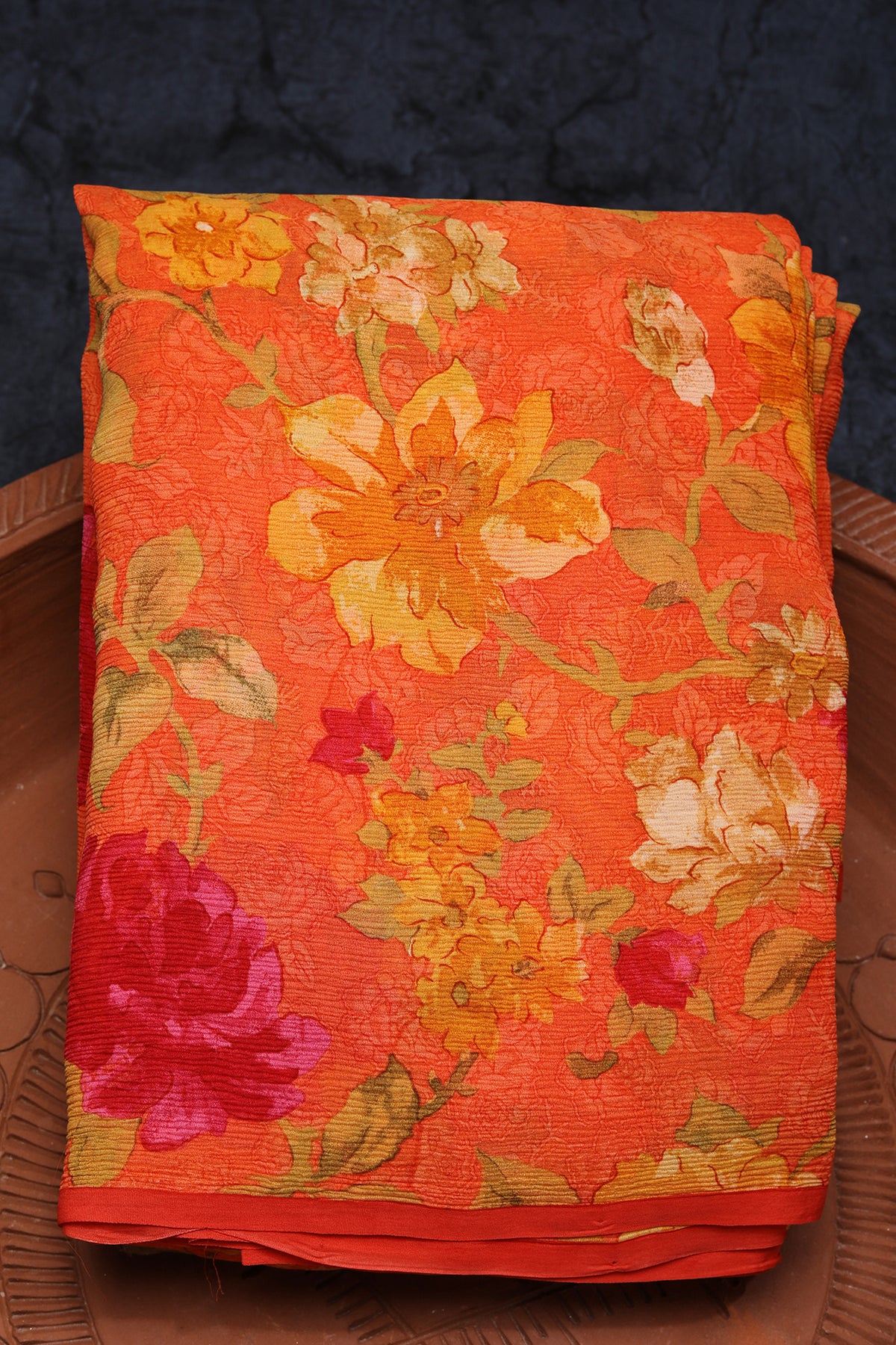 Botanical Digital Printed Bright Orange Chiffon Silk Saree
