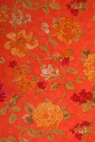 Botanical Digital Printed Bright Orange Chiffon Silk Saree
