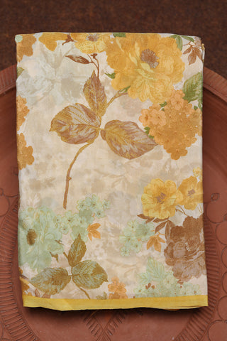 Botanical Digital Printed Cream Color Crepe Silk Saree