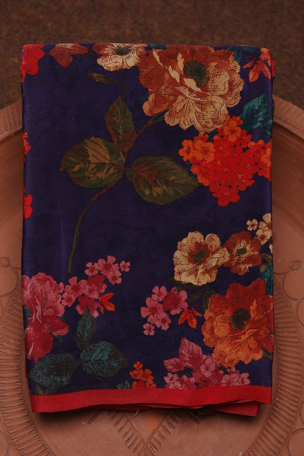Botanical Digital Printed Navy Blue Crepe Silk Saree