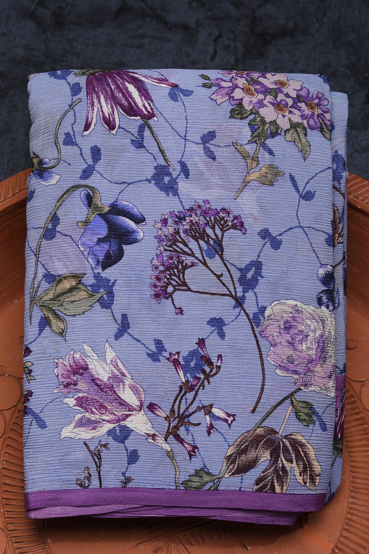 Botanical Digital Printed Powder Blue Chiffon Silk Saree