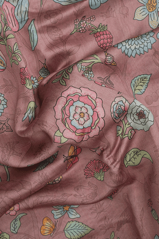 Botanical Printed Rose Beige Chanderi Silk Cotton Saree