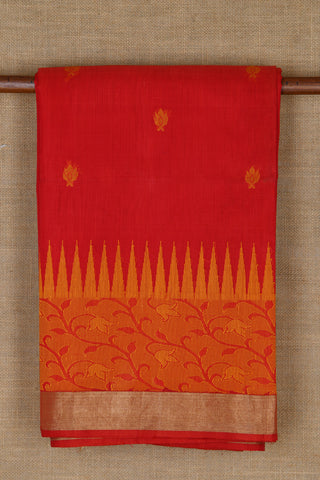 Zari And Thread Work Floral Border With Buttis Tomato Red Kora Silk Cotton Saree
