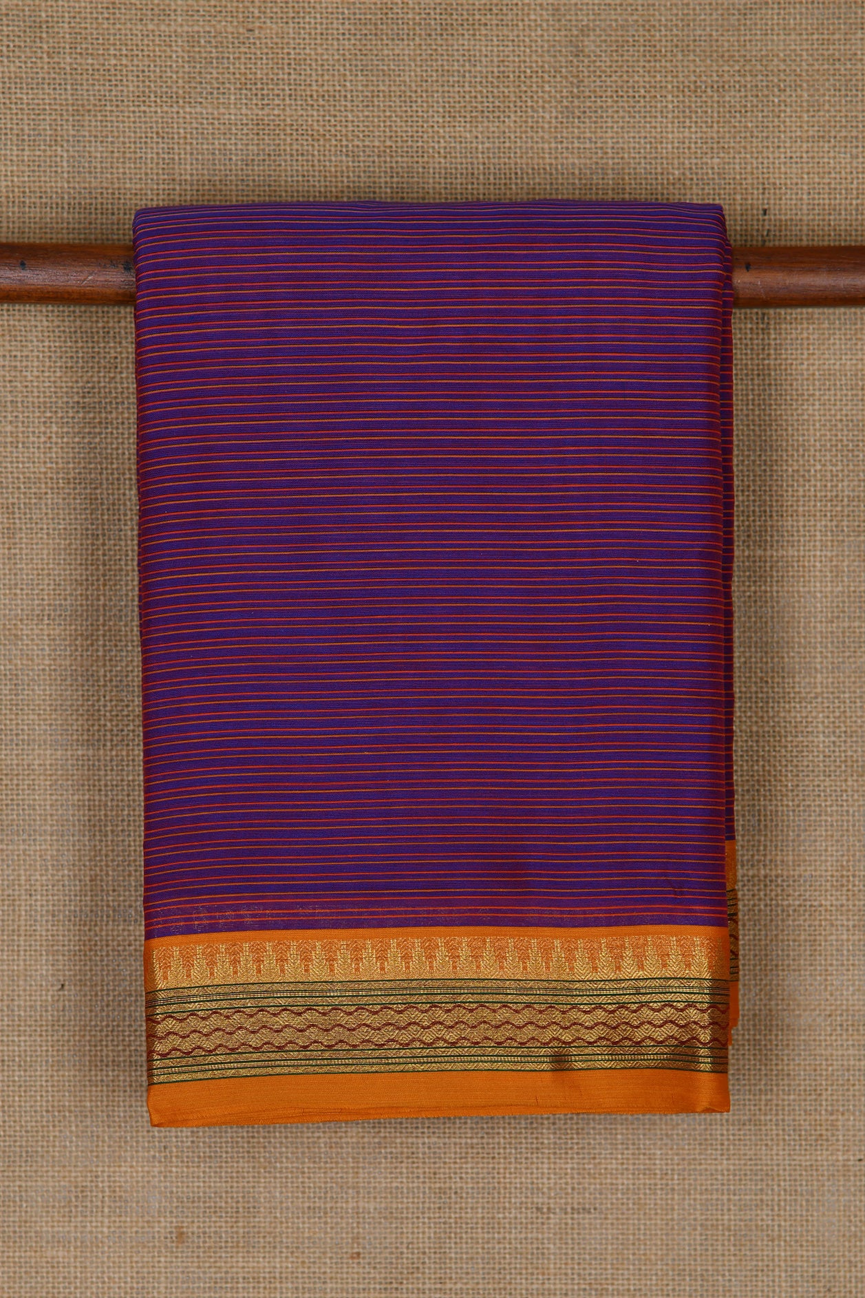 Temple Zari Border With Stripes Violet Kalyani Cotton Saree
