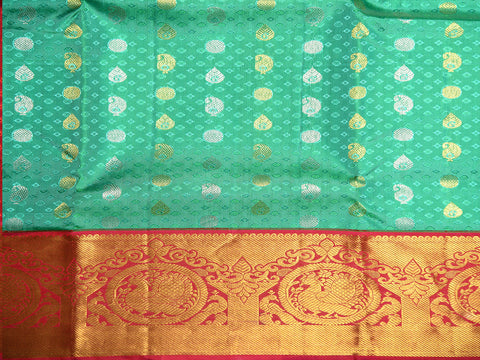 Cart With Peacock Border Bindi Buttis Sea Green Kanchipuram Silk Unstitched Pavadai Sattai Material