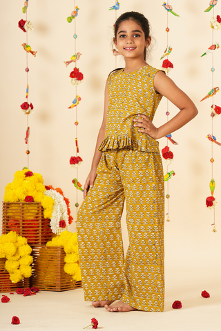 Celery Yellow Floral Design Block Printed Co-ord Set