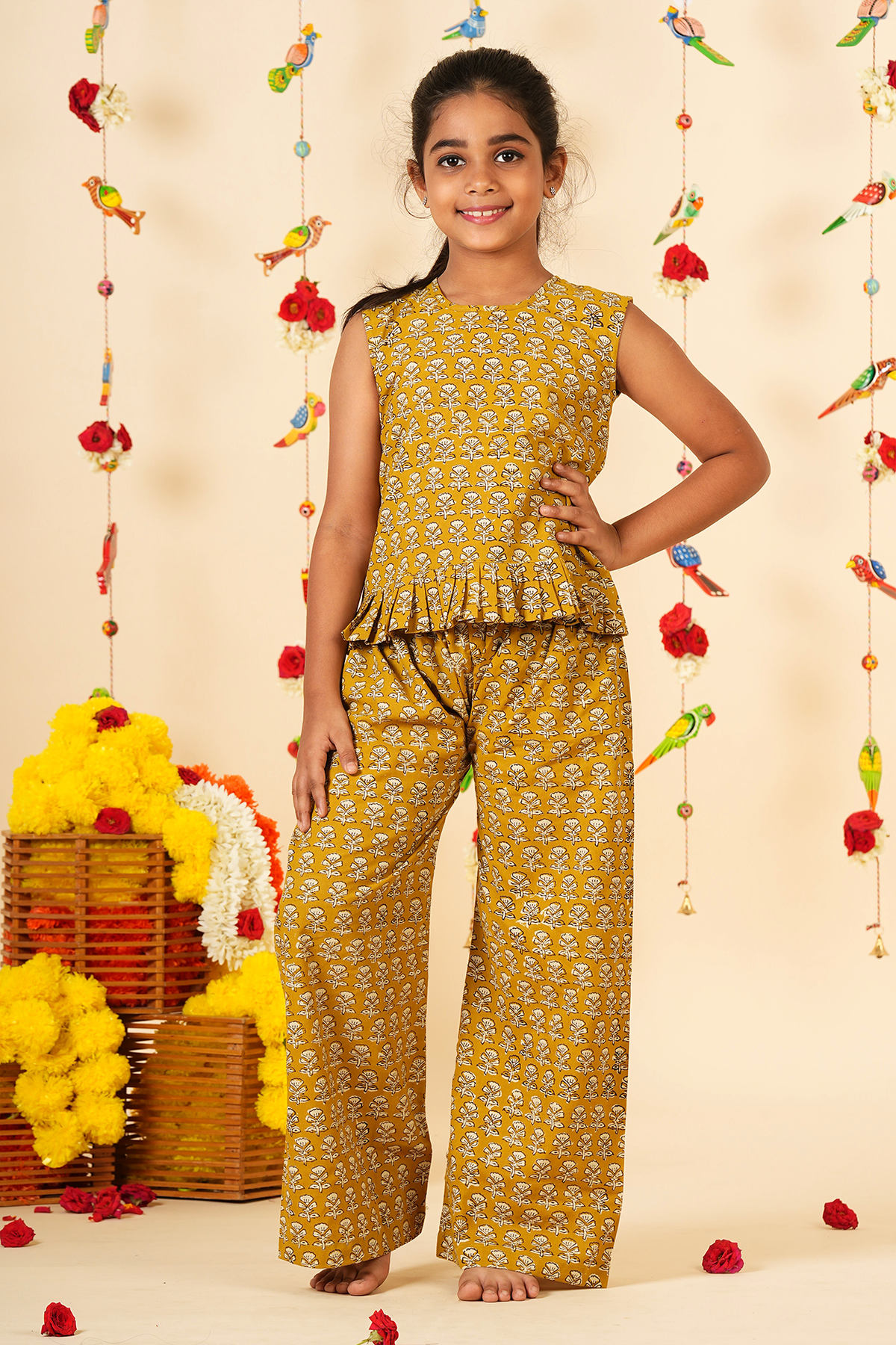 Celery Yellow Floral Design Block Printed Co-ord Set