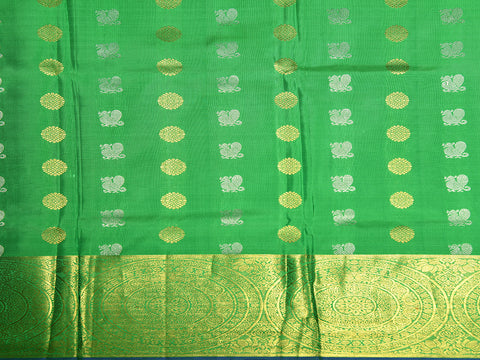 Chakram Big Border With Zari Buttis Parrot Green Kanchipuram Silk Unstitched Pavadai Sattai Material