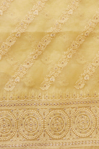 Chakram Border With Embroidered Stripes Soft Yellow Organza Silk Saree