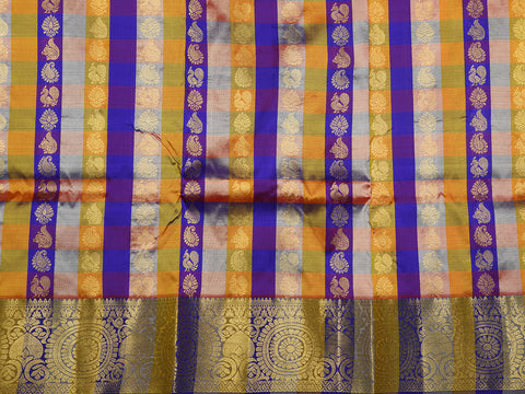 Chakram Border With Multicolor Checks And Buttis Kanchipuram Silk Unstitched Pavadai Sattai Material