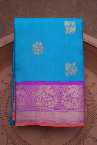 Peacock Chakram Motifs Cerulean Blue Kanchipuram Silk Saree