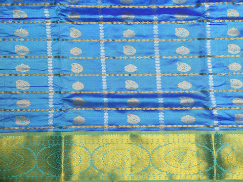 Chakram Zari Border With Checks And Traditional Butttis Azure Blue Kanchipuram Silk Unstitched Pavadai Sattai Material