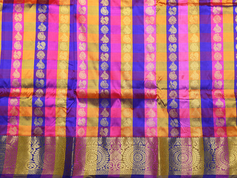 Chakram Zari Border With Multicolor Checks And Buttis Kanchipuram Silk Unstitched Pavadai Sattai Material