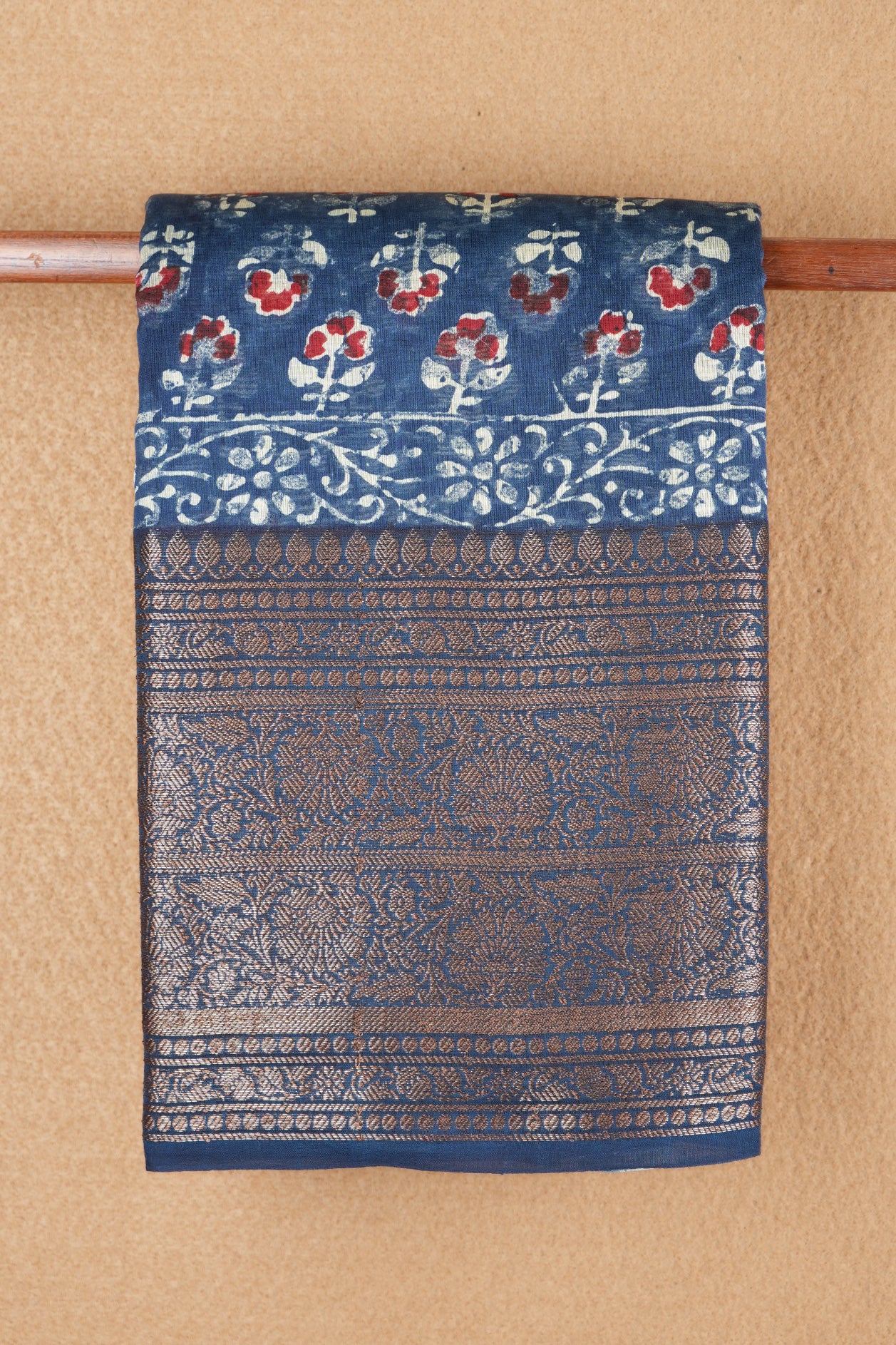 Floral Threadwork Border Berry Blue Chanderi Silk Cotton Saree