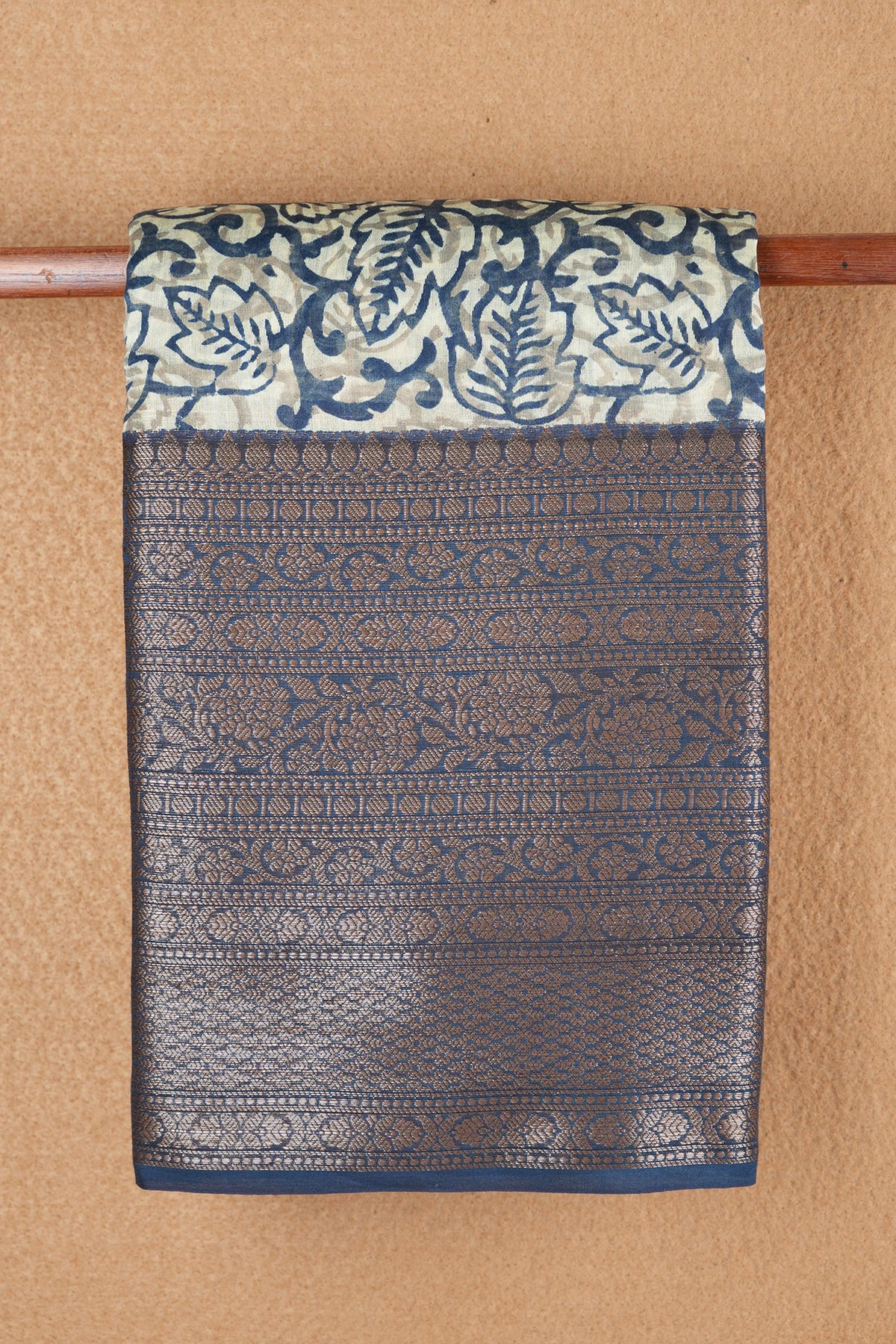 Floral Threadwork Border Beige and Berry Blue Chanderi Silk Cotton Saree