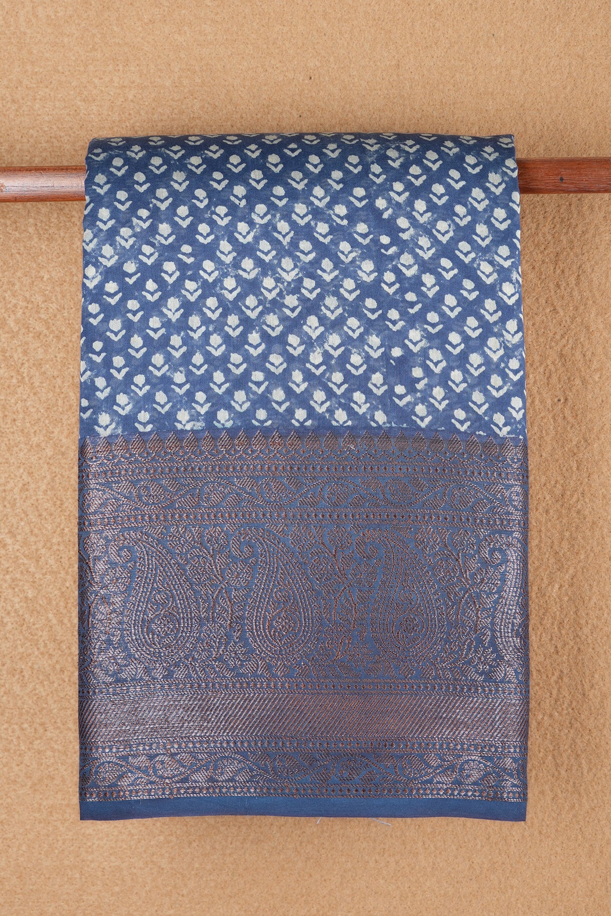 Big Paisley And Floral Threadwork Border Oxford Blue Chanderi Silk Cotton Saree