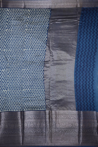 Traditional Big Threadwork Border with Allover  Design Beige And Blue Chanderi Silk Cotton Saree