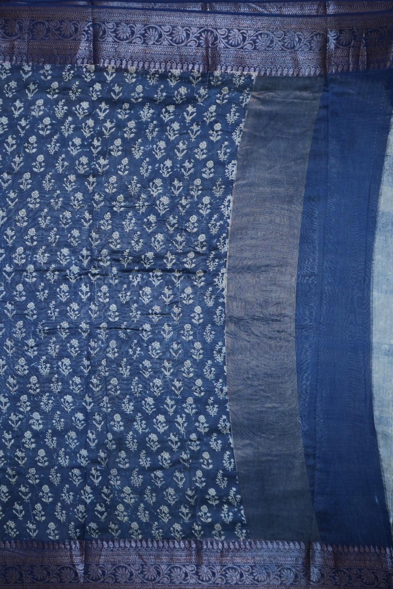 Floral Threadwork Border Prusssian Blue Chanderi Silk Cotton Saree