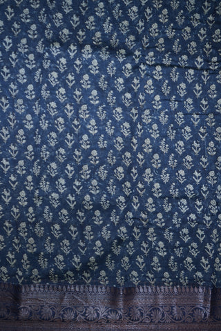 Floral Threadwork Border Prusssian Blue Chanderi Silk Cotton Saree