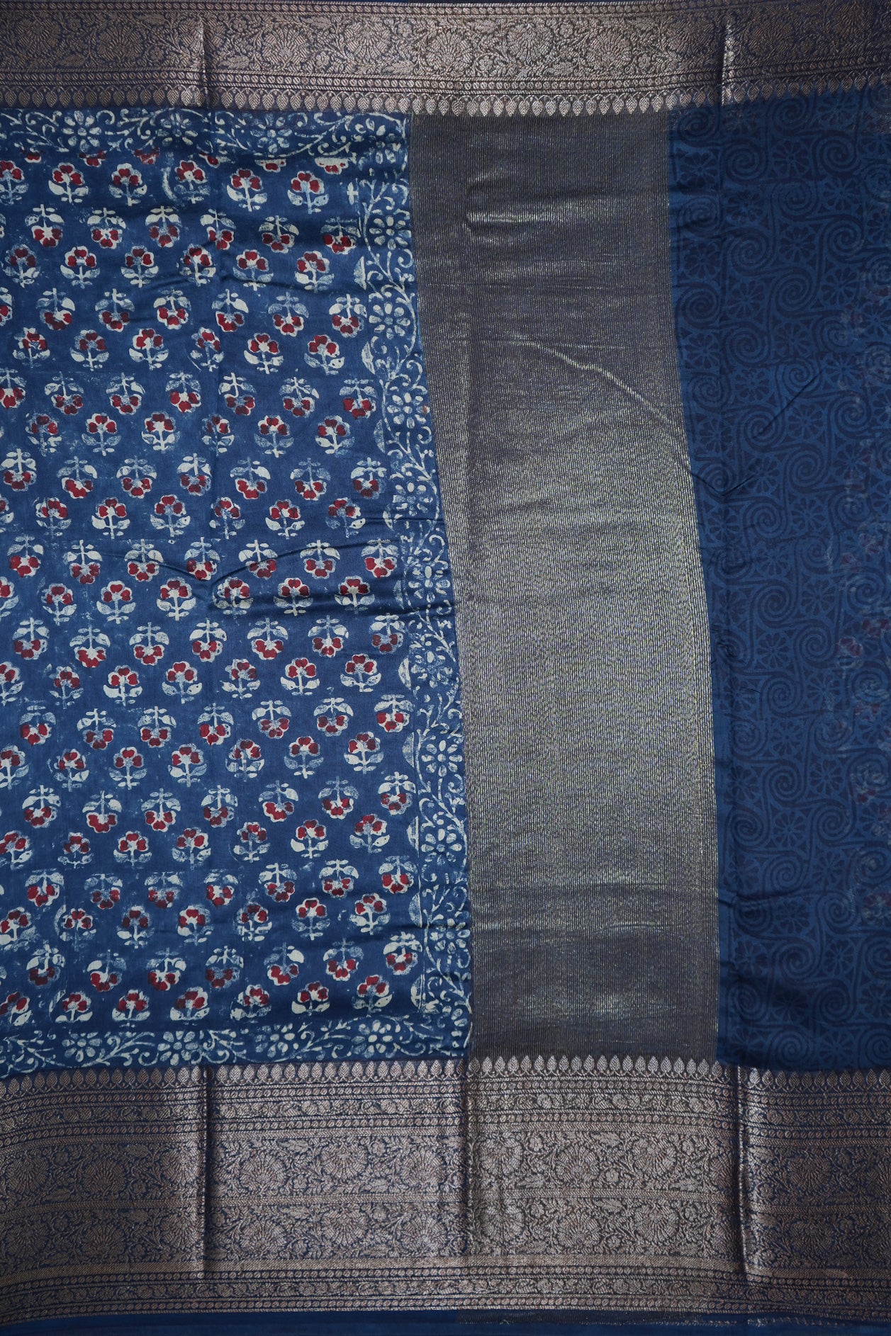 Floral Threadwork Border Berry Blue Chanderi Silk Cotton Saree