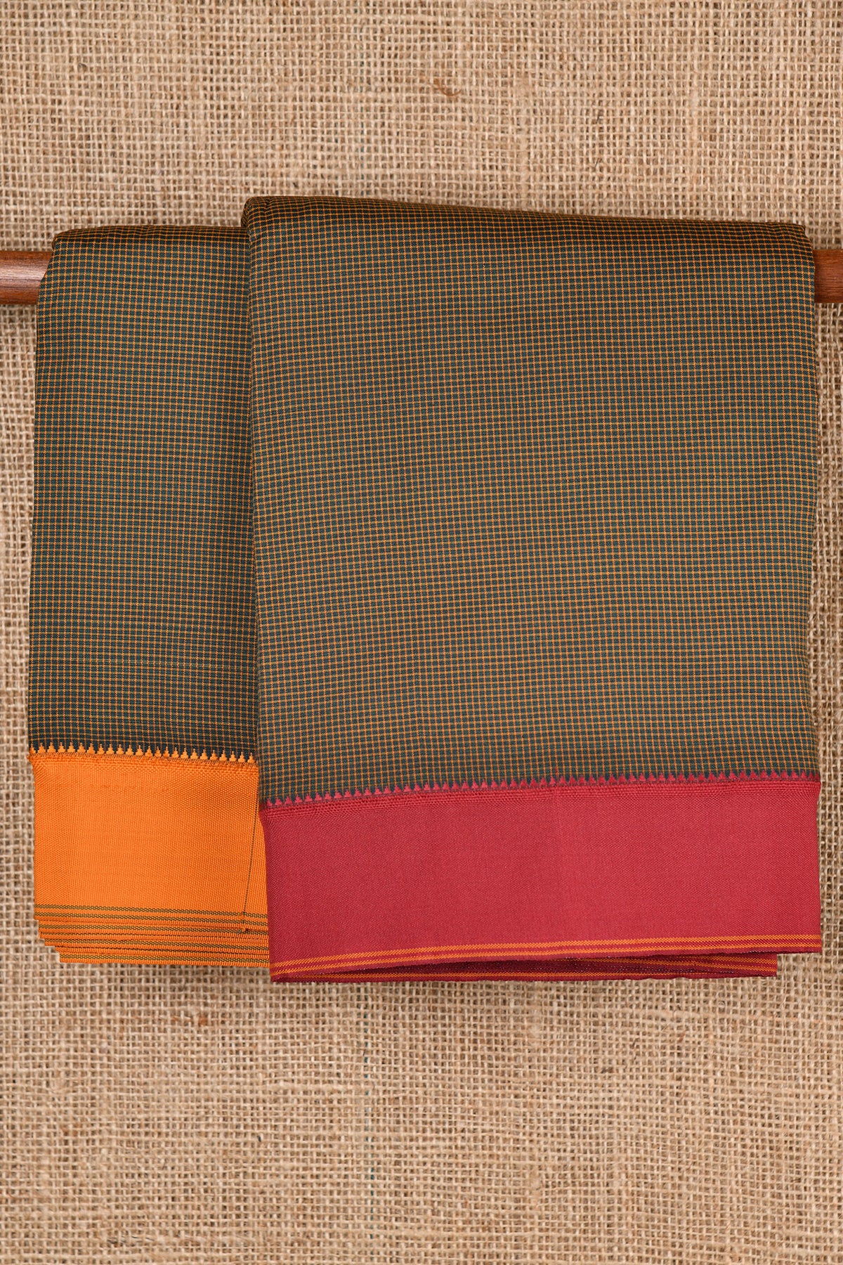 Checked Design Contrast Border Dark Green Dharwad Cotton Saree