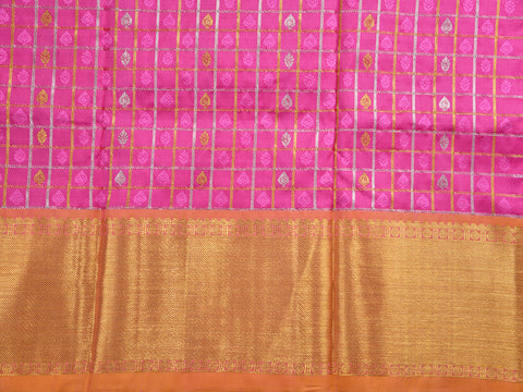 Gold And Silver Zari Checks Pink Kanchipuram Silk Pavadai sattaiMaterial